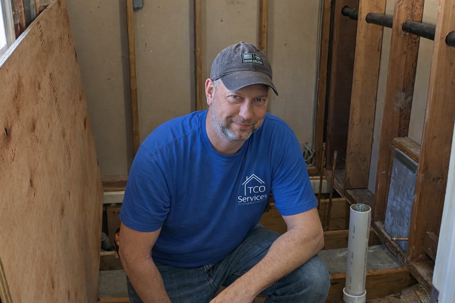 Tony Thomas of TCO Services working on a framed-out wall during a home renovation